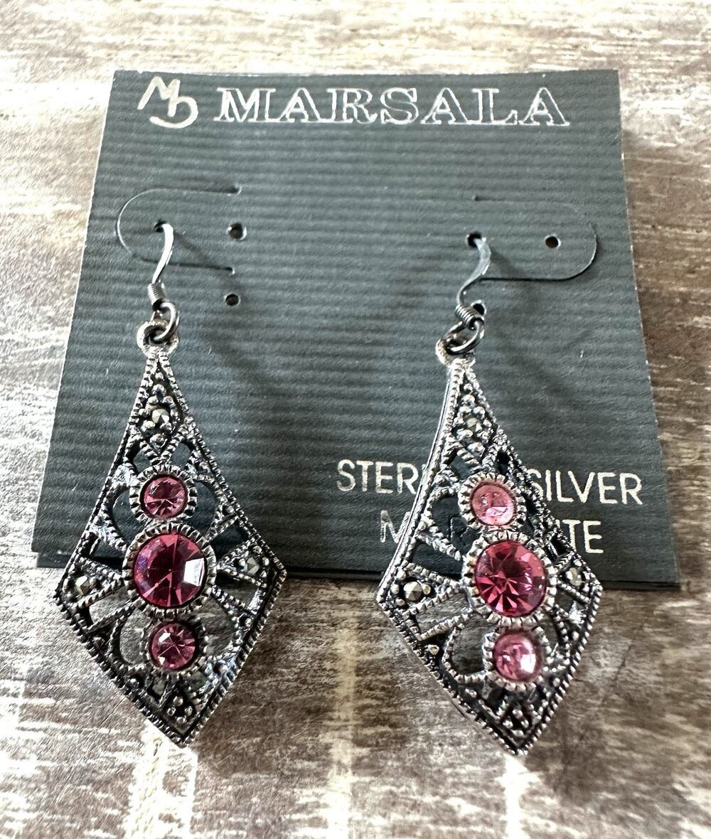Vtg 90s earrings Sterling Silver Pierced Dangle Marcasite Pink Marsala